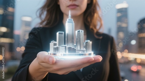 Woman Holding Holographic Cityscape Model Futuristic Urban Development Real Estate Technology Business Concept