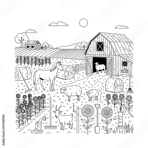 A farm scene is depicted with animals and sunflowers
