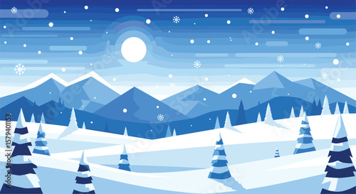 Pixelated winter landscape under a bright full moon with falling snowflakes and snow covered pine trees