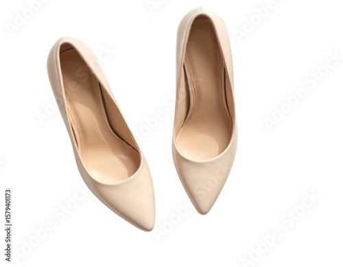  Top View of Beige High Heels with One Shoe Tilted, Casual Arrangement on White Background