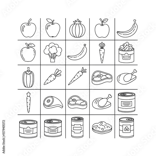 Assortment of food, fruit, and vegetables isolated on white background