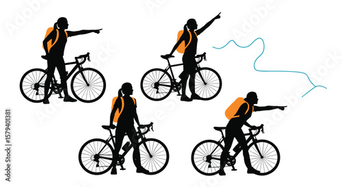 Illustrations depict cyclists with backpacks pointing in various directions suggesting exploration and adventure on two wheels exploring new paths and scenic routes