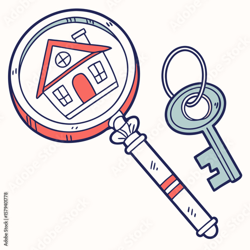 Magnifying glass with house icon and key for real estate search  