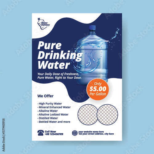 Drinking Water Delivery service print Flyer or Poster template, Water Delivery leaflet brochure cover design