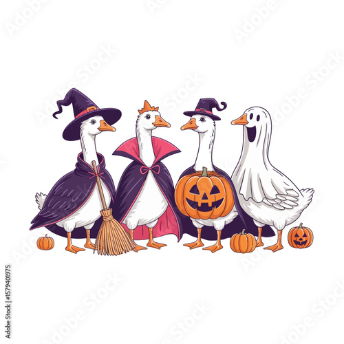 hand drawn illustration Four white geese standing in a row from left to right seen from the front, each wearing a different Halloween themed accessory.