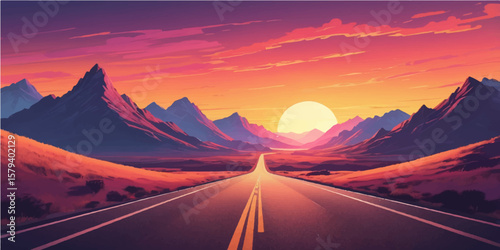 Sunset highway winding through the majestic mountains under a vast, cloud-filled sky, a solitary journey through nature's grand landscape