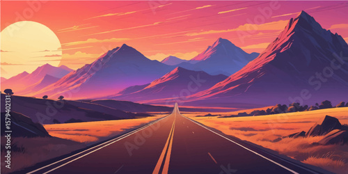 A scenic highway car journey through a desert landscape towards a sunset mountain horizon