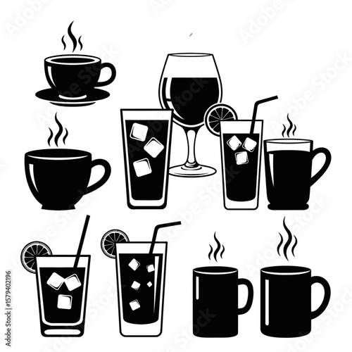 Various black drinks are displayed on a white background