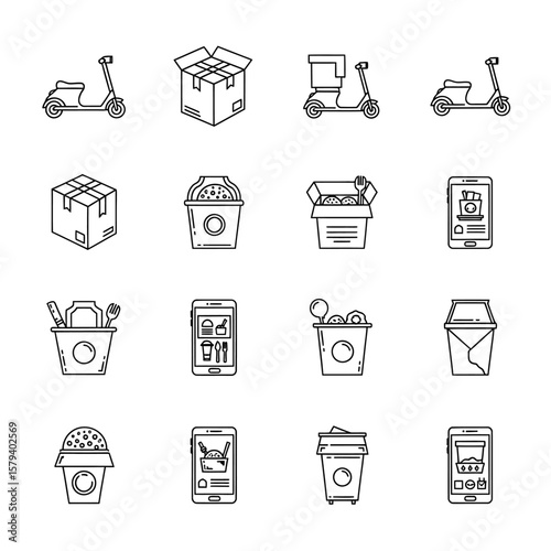 Delivery food and scooter icons isolated on white background