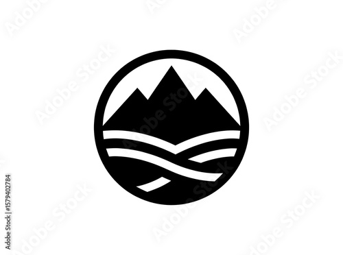 Black and white circular logo with mountain and wavy lines circle