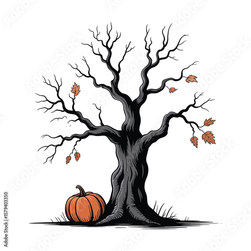 Illustration with a Halloween theme, two symmetrical dry trees standing on either side, three Halloween pumpkins (jack-o'-lanterns) below surrounded by falling orange autumn leaves.