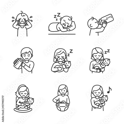 Babies and parents are drawn in a simple line art style