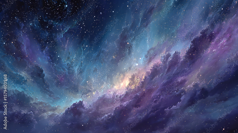 Fototapeta premium Beautiful fantasy starry night sky, blue and purple colorful, galaxy and aurora 4k wallpaper. cosmic watercolor illustration. Colorful space background with stars