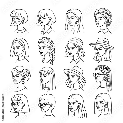 Various womens faces are drawn in a simple line art style