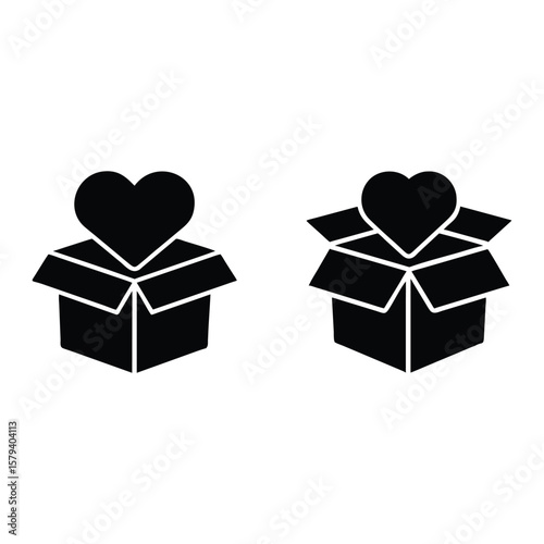 Black heart icon in open cardboard box symbol love