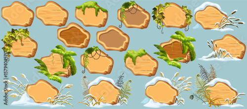 Cartoon game panels with swamp moss, forest lichen, liana branches, jungle leaves, ivy. Marsh reed under snow. Swamp cattails, fern winter. Broken weed and snowdrifts. Vector signboards, frames.