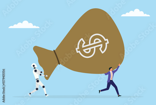 Vector illustration of a robot and businessman carrying a huge money sack, representing the powerful alliance of human intelligence and ai in generating wealth and economic success
