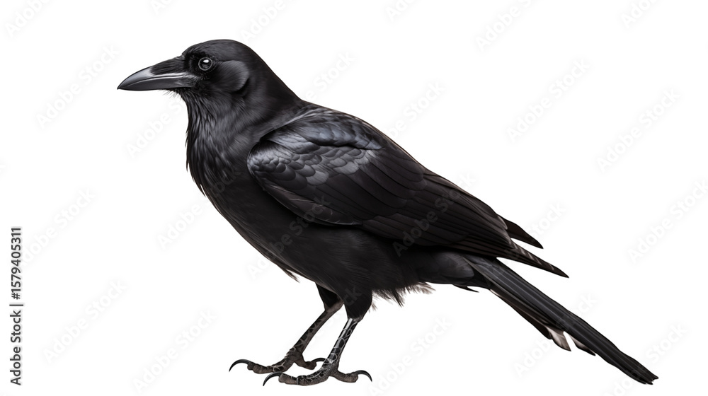 Fototapeta premium A striking raven poses against a stark black backdrop, showcasing its sleek feathers and sharp gaze.