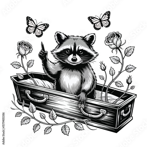 A raccoon sits up from the coffin with a look of disdain and a menacing look in its eyes.