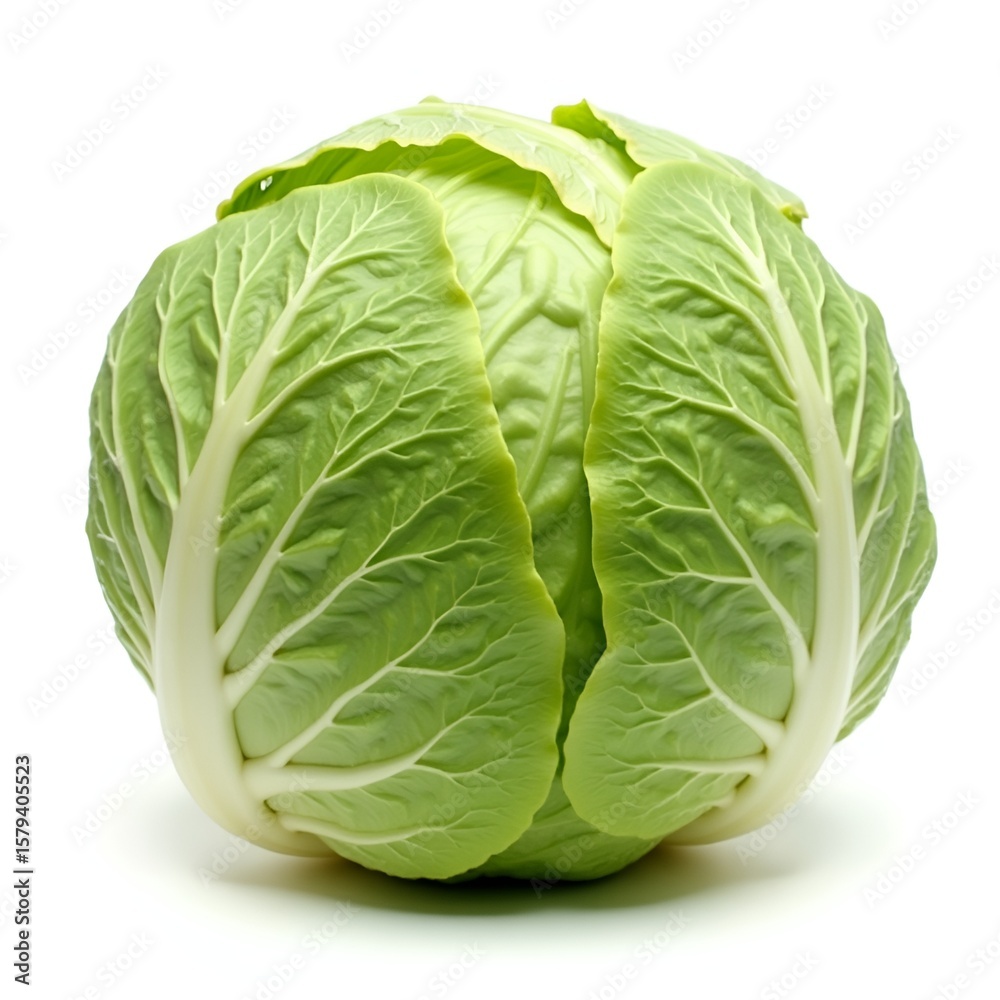 Fototapeta premium Fresh Green Cabbage Head Isolated on White Background – Crisp Organic Vegetable Image