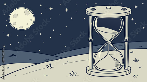 Hourglass time night sky stars moon sand timekeeping deadline countdown passing moments concept vector