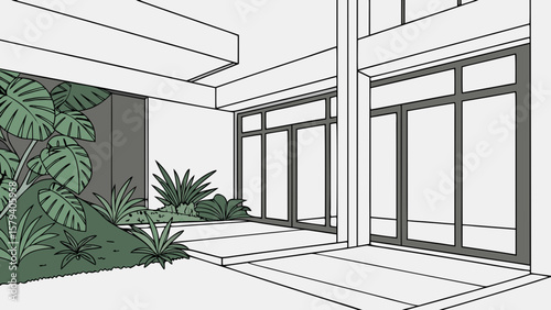 Modern house exterior design with tropical plants and sliding glass doors architecture rendering style