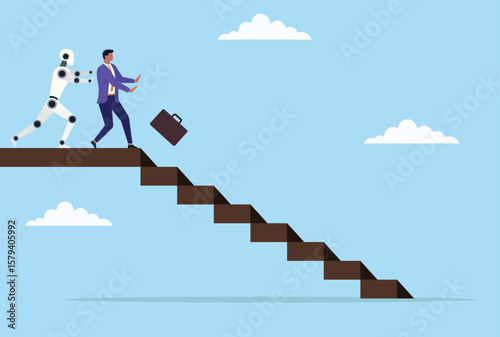 Vector illustration of a robot pushing a businessman from the stairs, symbolizing the disruptive impact of ai challenging traditional career paths and human dominance in the workplace
