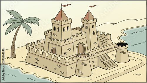 Sandcastle beach vacation summer holiday travel destination drawing illustration vector art design element