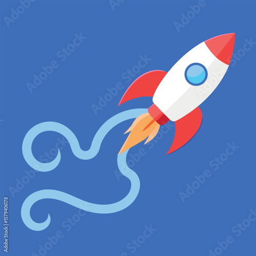 Cartoon rocket ship blasting off with red fins and blue swirling vapor trail space