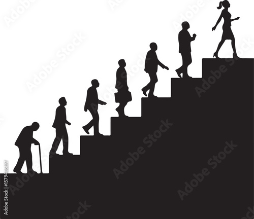 Silhouettes of people ascending stairs walking