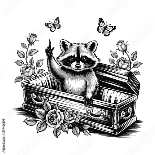 A raccoon sits up from the coffin with a look of disdain and a menacing look in its eyes.