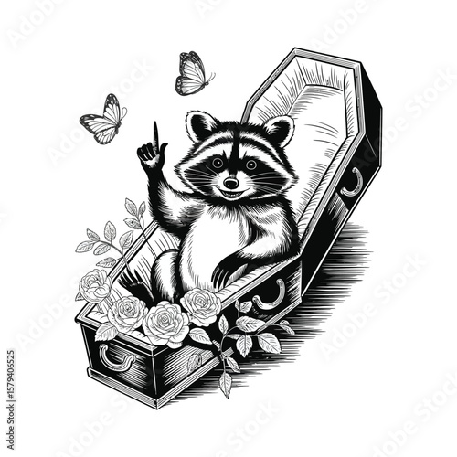 A raccoon sits up from the coffin with a look of disdain and a menacing look in its eyes.