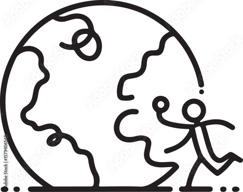 Stick figure running around the globe world planet