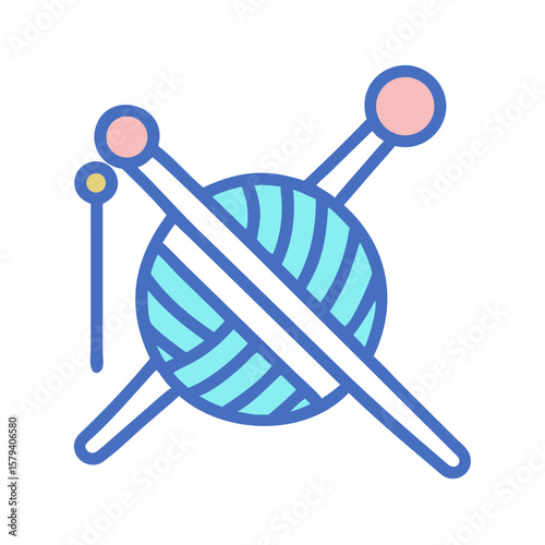 Yarn ball with knitting needles and crochet hook in flat design  