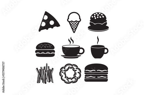 Collection of black and white icons representing popular fast food and drinks