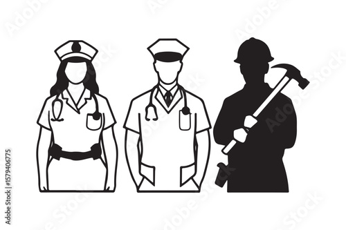 Diverse professions represented by stylized icons healthcare and construction