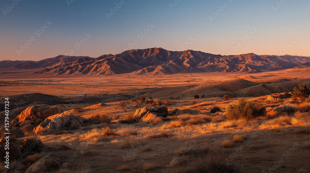 Naklejka premium Sunset over desert landscape with long shadows