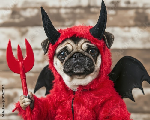 A pug dressed in a red devil costume with black horns, wings, and holding a red trident against a blurred wooden background.