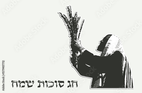 happy Sukot. Jewish man holding four traditional species of Sukkot holiday. happy sukkot in Hebrew.