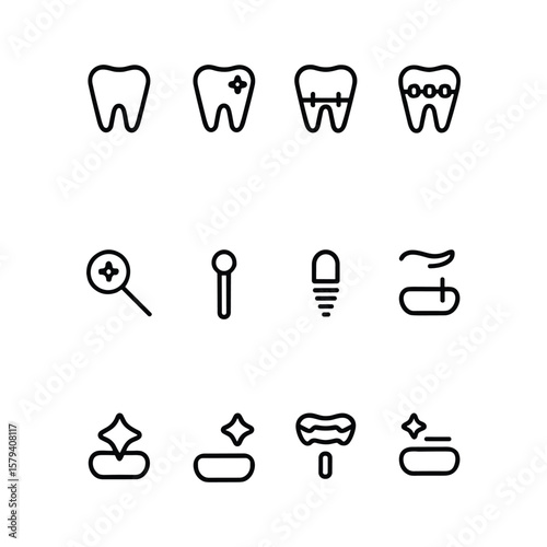 Dental Care and Treatment Icons, Tooth with Cavity, Braces, Dental Tools, Implant, Toothpaste, Oral Hygiene Vector Set.