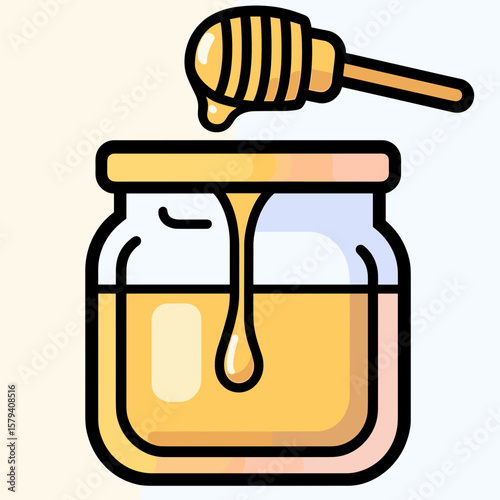 Colorful minimalist illustration of a cylindrical honey jar with dripping light-yellow liquid, pale lid, bold black outline, and a striped yellow-orange dipper on a light blue background.