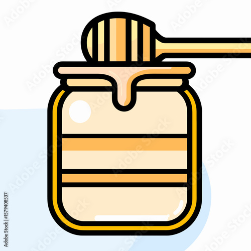 Vibrant glass jar filled with golden honey, featuring horizontal stripes of light and dark hues, topped with a striped honey dipper dripping sweet nectar