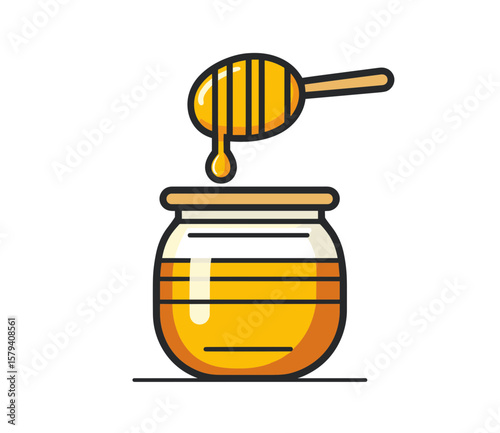 Vibrant vector-style illustration of an orange honey dipper with black stripes dripping golden honey into a glass jar with a light brown lid on a clean white background.