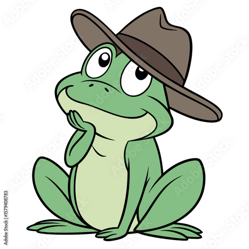 A charming cartoon frog wearing a stylish brown hat is thoughtfully resting its chin on its hand
