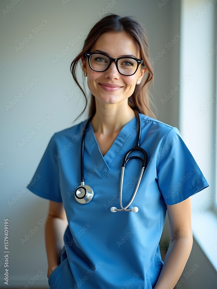 Smiling woman wearing blue scrubs and glasses with stethoscope healthcare medical Smiling woman wearing blue scrubs and glasses with stethoscope healthcare medical