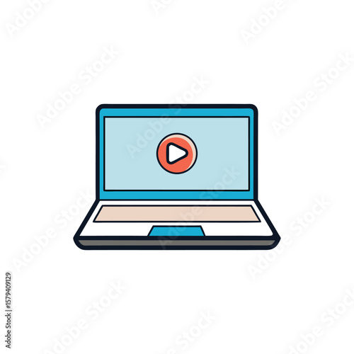 Vector art of a laptop with a video playing on the screen isolated on white background