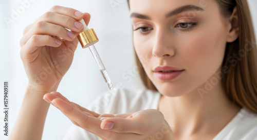 A woman carefully applies a drop of skincare serum from a dropper into her palm for facial treatment