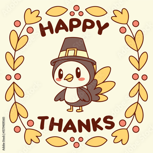 Adorable Turkey Character Wearing a Pilgrim Hat Celebrating Thanksgiving Day