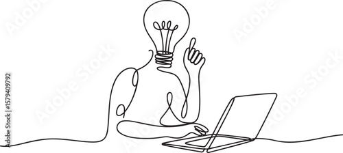 Single Line Drawing of a Person with a Lightbulb Head Working on a Laptop with a Eureka Moment