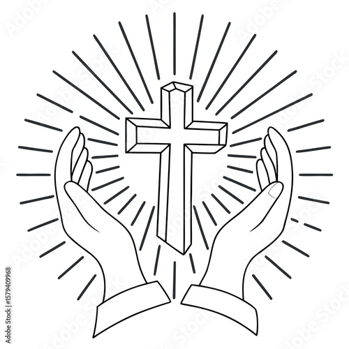 Christian Cross Held Gently Between Welcoming Hands Radiating Light and Hope